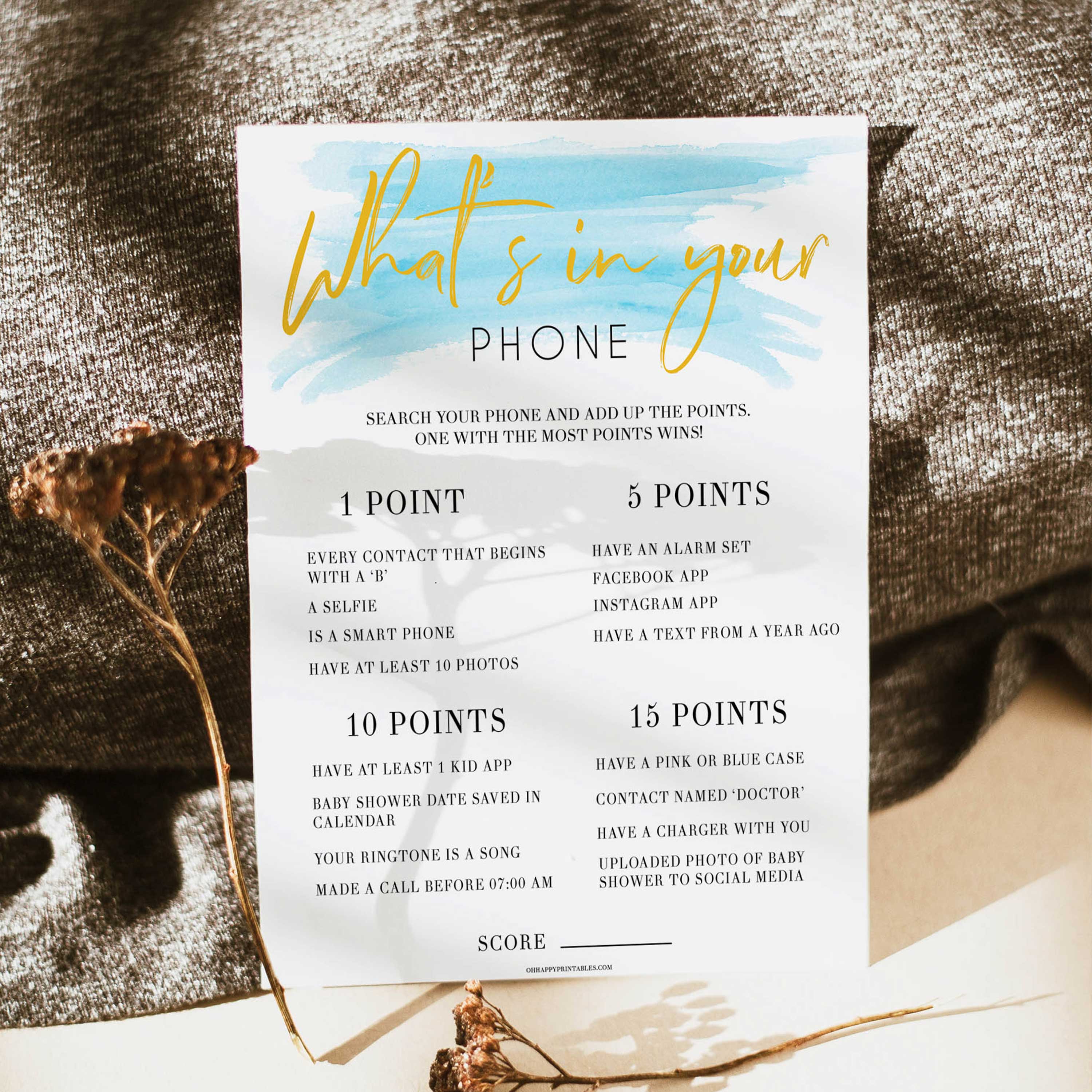 Whats In Your Phone Game - Blue Swash Printable Baby Shower Games